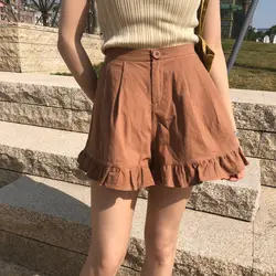 2019 летние шорты Для женщин Высокая Талия Твердые широкую ногу шорты Harajuku восстановить Для женщин рюшами небольшой свежий Hotpant повседневные