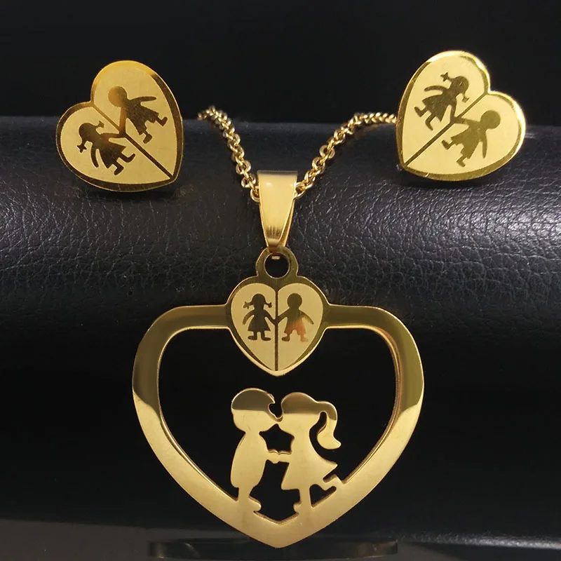 Stainless Steel Boy And Girl Love Pendant Jewelry Sets Gold Color Heart