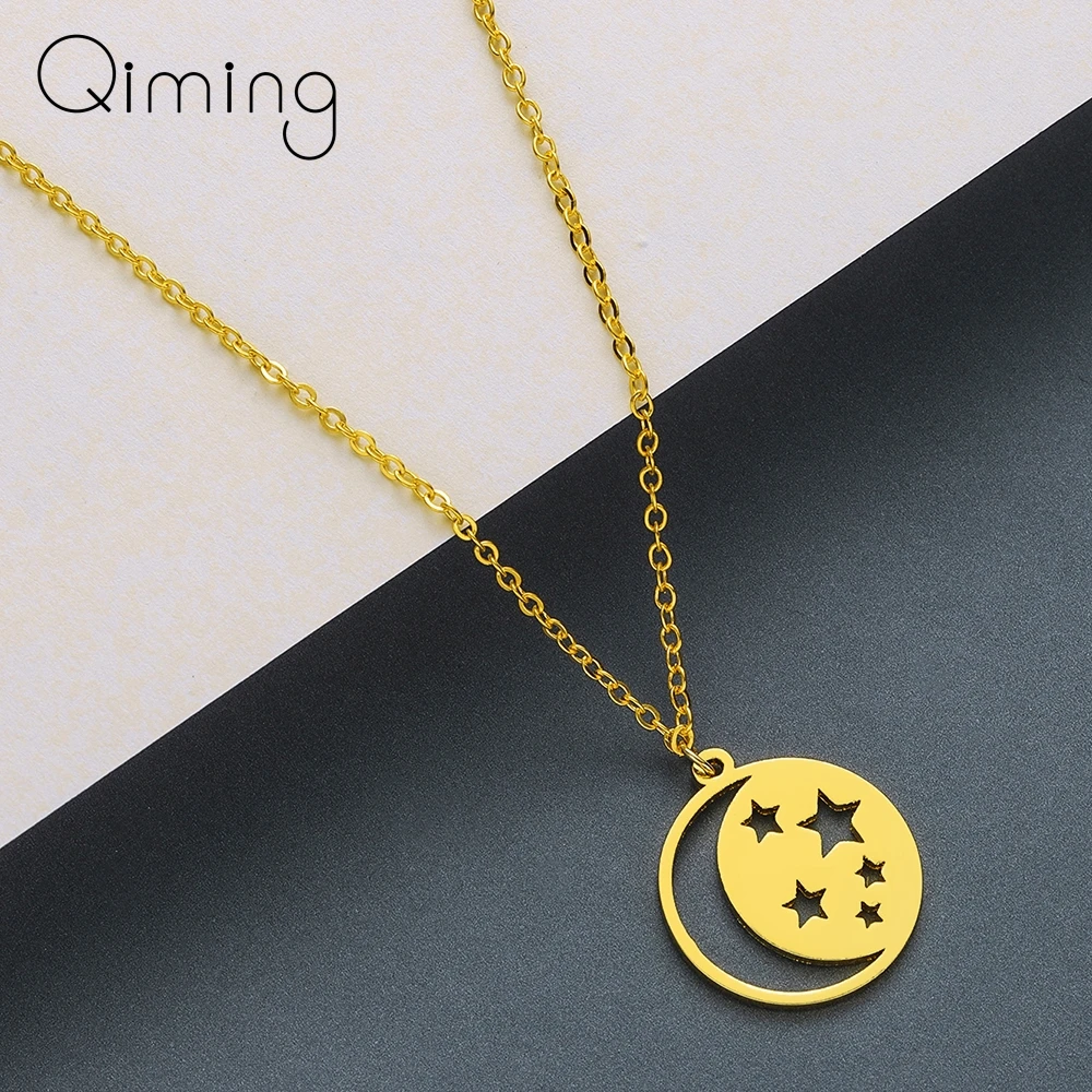 

Golden Crescent Moon Star Necklace Choker Stainless Steel Silver Jewelry Round Women's Necklaces Birthday Gift