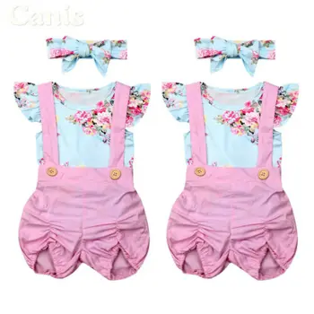 

Lovely Newborn Baby Kids Girls Short Sleeve Summer Clothes Floral Romper Overalls 3Pcs Set