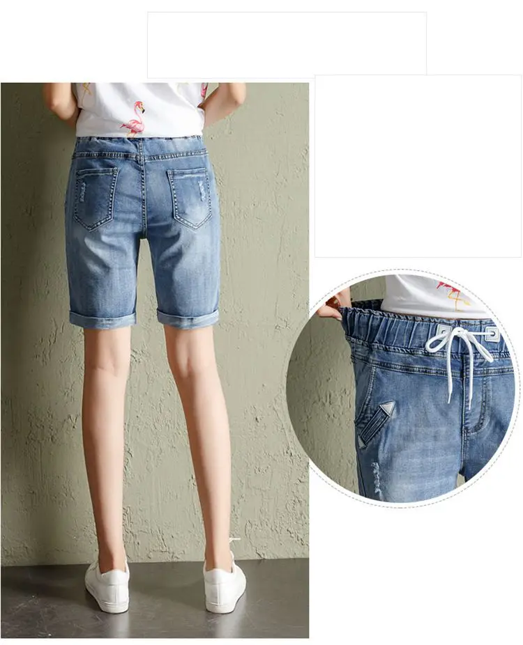 Большие размеры, джинсовые шорты для завивки, женские 2019 летние новые эластичные шорты с высокой талией, свободные рваные джинсы до колена