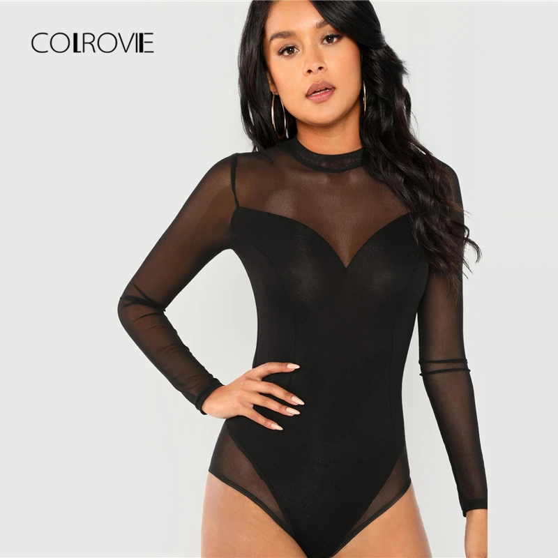COLROVIE Black Solid Mock Neck Mesh Panel Skinny Sexy Bodysuit Women Autumn Long Sleeve Office Female Basic Night Out Bodysuits COLROVIE Black Solid Mock Neck Mesh Panel Skinny Sexy Bodysuit Women Autumn Long Sleeve Office Female Basic Night Out Bodysuits
