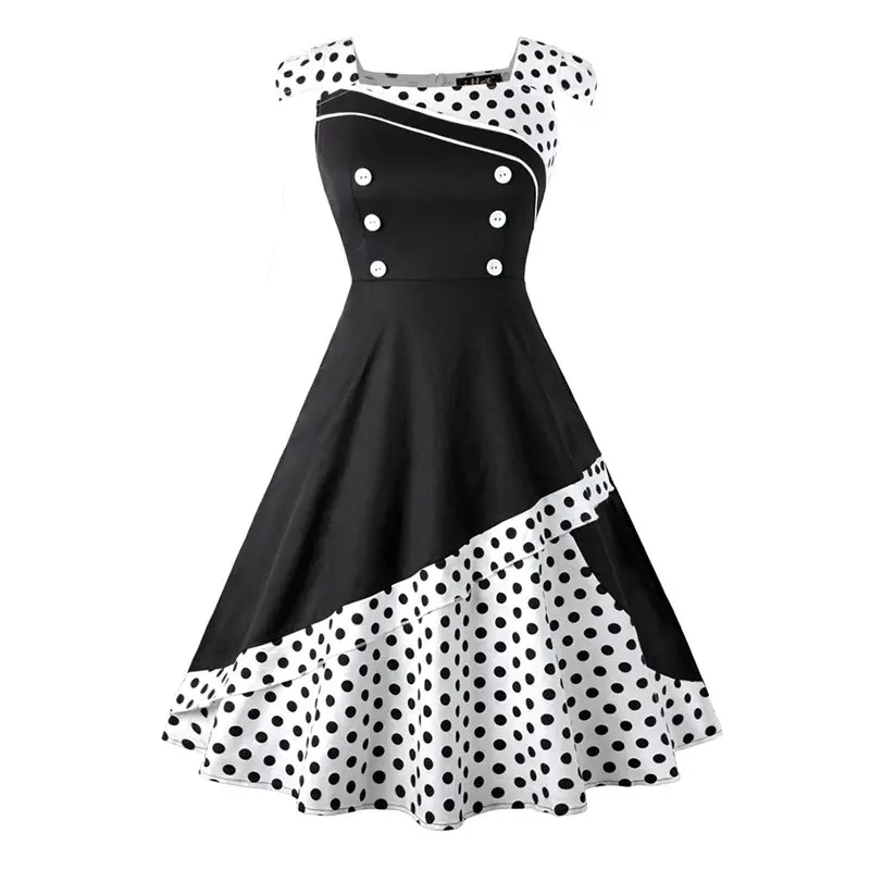 

Retro Polka Dot Dress Women Fashion Patchwork Black Party Girl 50s Vintage A Line White Preppy Style Red Sweet Summer Dresses