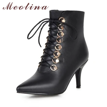 

Meotina Women Winter Boots High Heels Ankle Boots Sexy Thin Heel Zip Black Boots Lace Up Shoes Big Size 42 43 botines mujer 2018