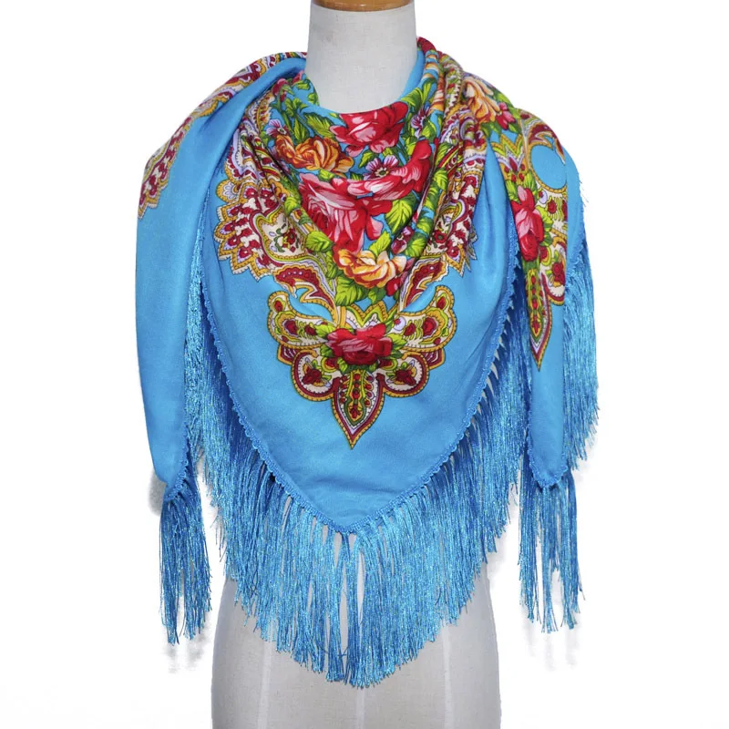 Бабушка украинские шарфы для России, большой прямоугольный шарф с цветочным рисунком в стиле ретро хлопок волосы голова Обёрточная бумага хиджаб шарф с кисточками зимние хлопковые шаль