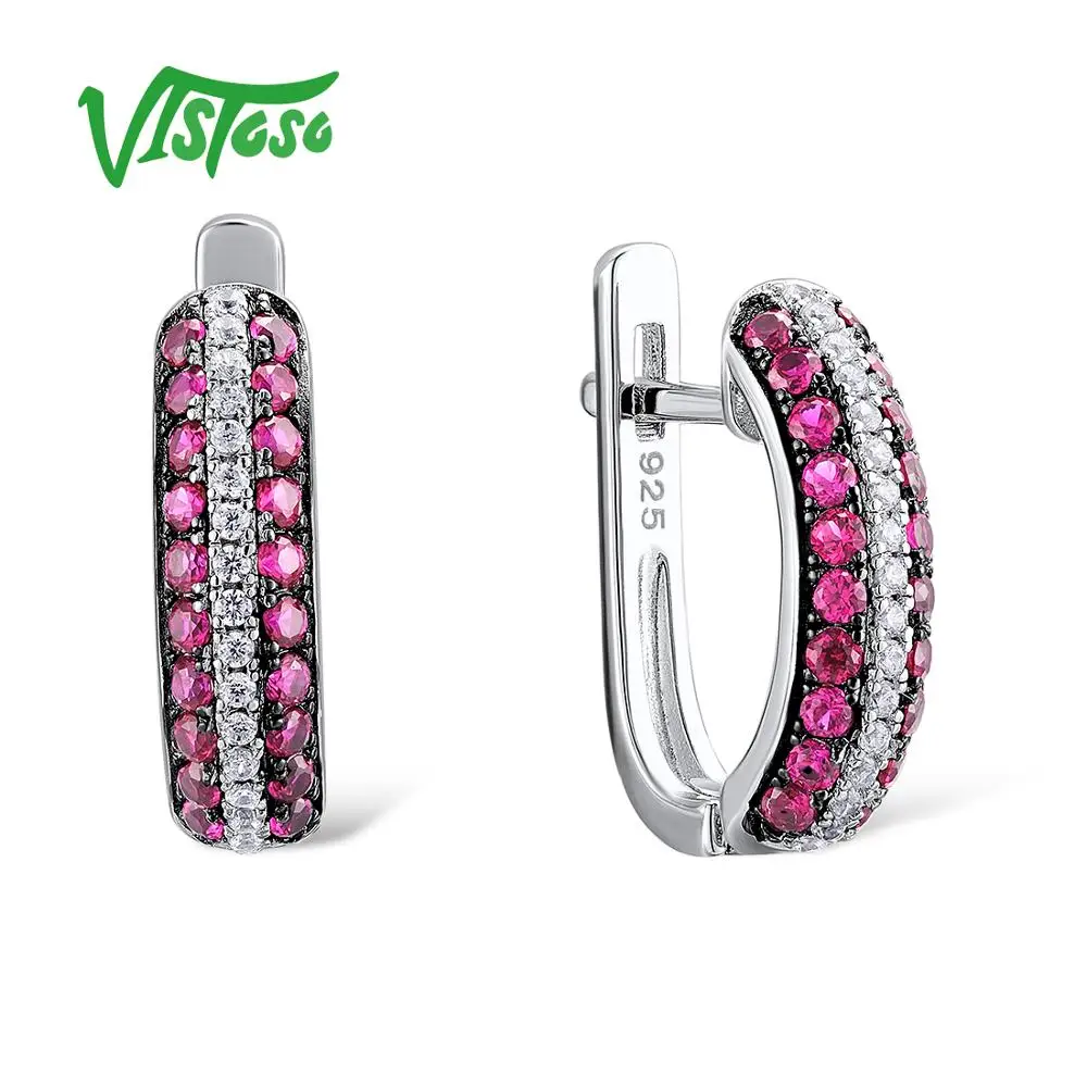 

VISTOSO Stud Earrings Fine Jewelry Round Created Ruby Round White Cubic Zircon High Quality Fine Stud Earrings 2018 For Women