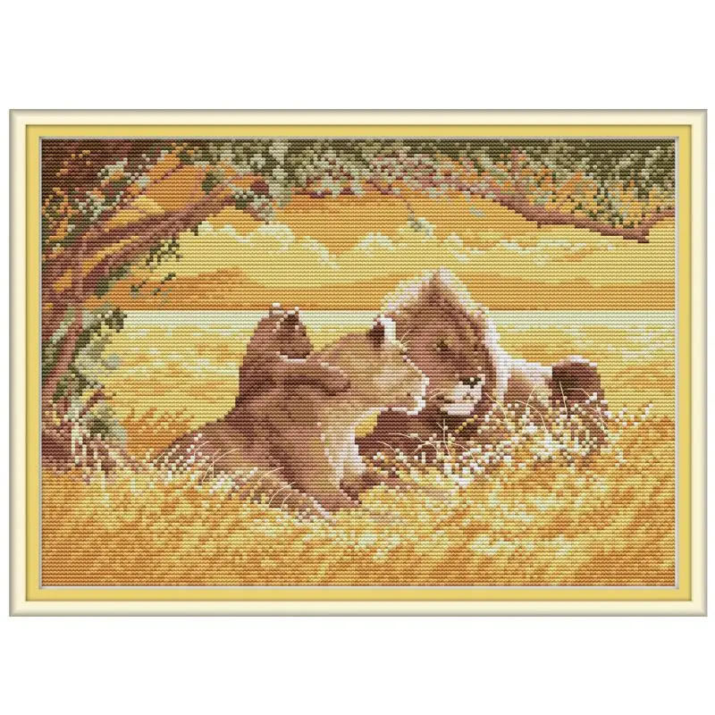 

Lion Family DIY Needlework Counted 14CT Printed Cross Stitch Handmade Embroidery Kit Set Home Decoration