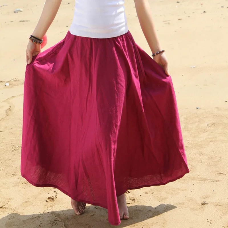 TIYIHAILEY Free Shipping Fashion Women Summer Spring Linen Cotton Long Maxi Elastic Waist A-line Ladies Skirt Blakc Red Brown