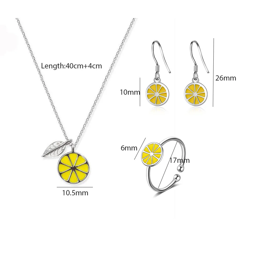 ANENJERY простые 925 пробы серебряные Ювелирные наборы фруктовый желтый лимон ожерелье+ серьги+ кольцо для женщин подарок для девушки - Окраска металла: S-N272-S-E617-S-R469