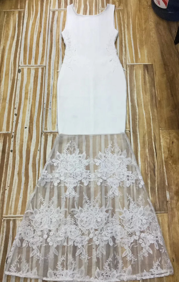 Высокое качество сексуальные с открытой спиной белые кружева вискоза Макси длинное Бандажное платье как у знаменитостей, дизайнерские модные вечерние платья Vestido