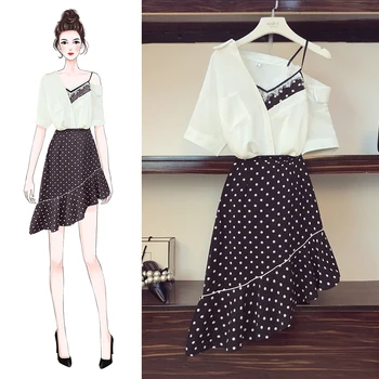 

L-4XL Large Size Women's Sets New Summer Fashion Patchwork Lace Short Sleeve Tops + Polka Dot Ruffles Skirts Students Suits