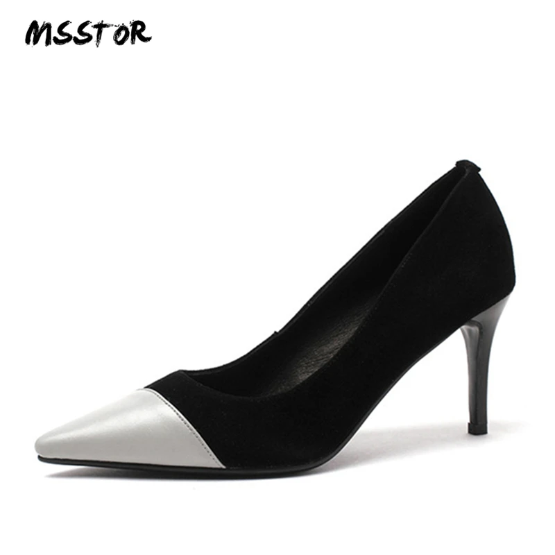 

MSSTOR Kid Suede High Heels Shoes Shallow Concise Mixed Colors Pointed Toe Autumn Spring Pumps Shoes Women Slip-On Ladies Heels