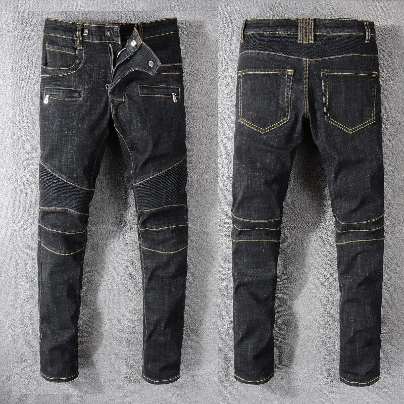 

New France Style #1073# Men's Moto Pants Ripped Blue Skinny Raw Denim Biker Black Jeans Stretch Slim Trousers Size 29-42