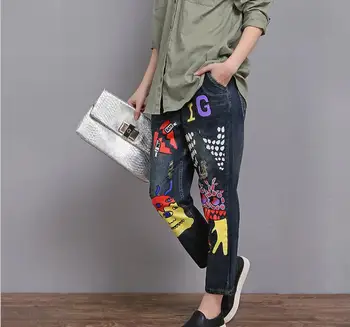 

4xl 6xl Plus size print vintage denim pant 2019spring new elastic waist women jeans hole fashion ankle-length cowboy pants gx227