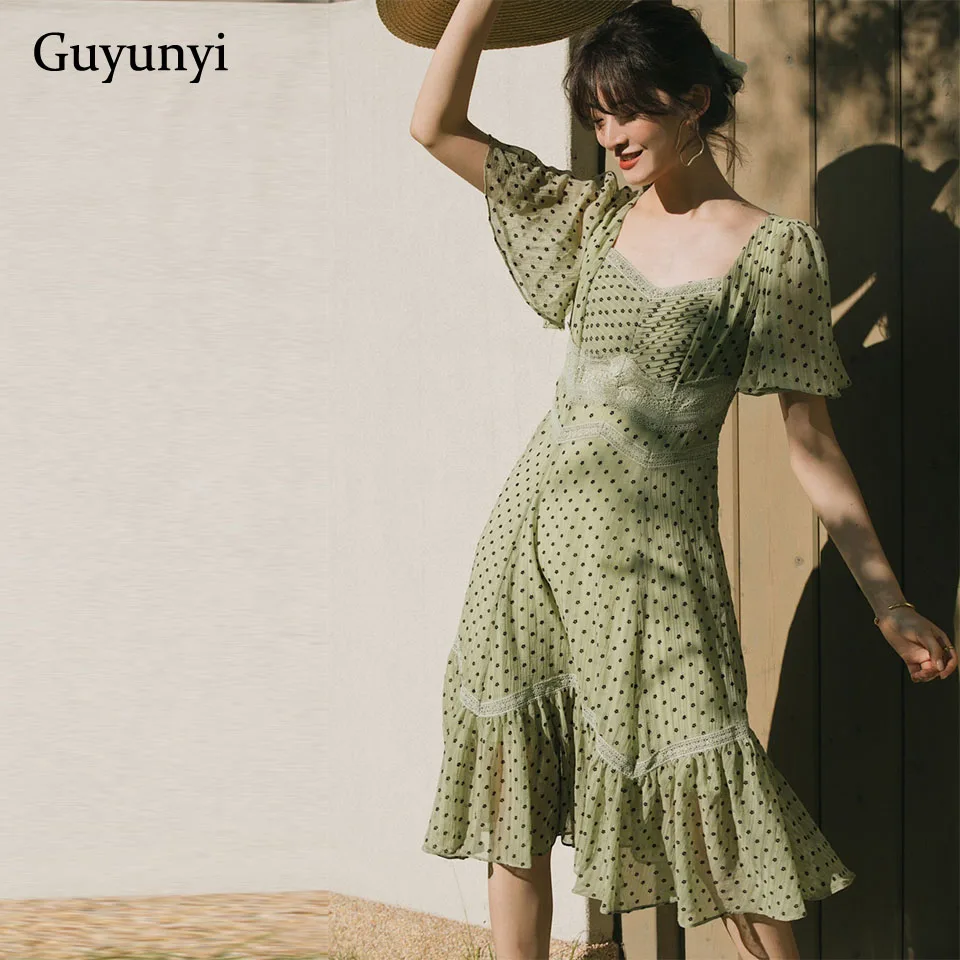 

Leisurely Vacation Vintage Dress Simple Lace Decoration Summer Dress French Style Elegant Comfortable Chiffon Dress Women