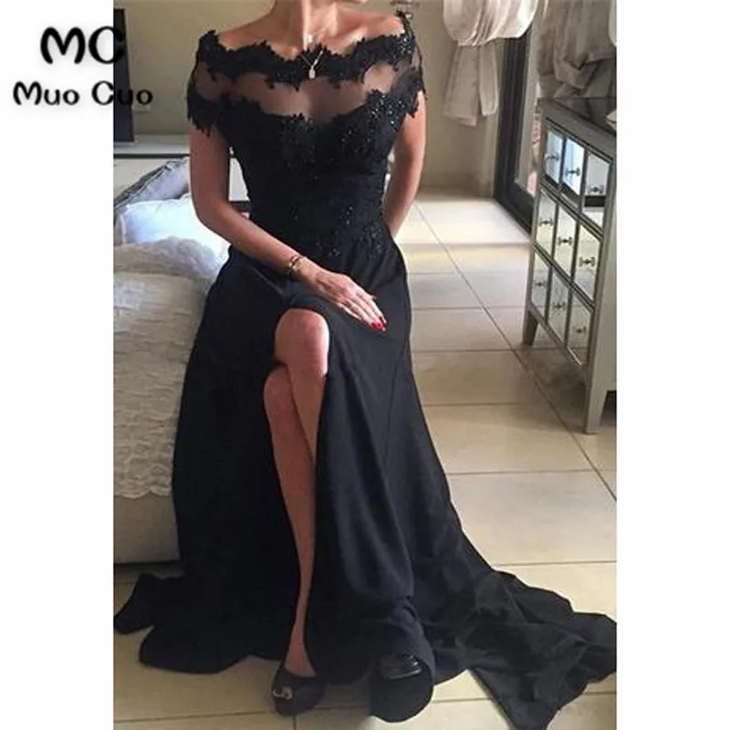 Long Black Off Shoulder Short Sleeves Split Prom Dress with Lace Beading