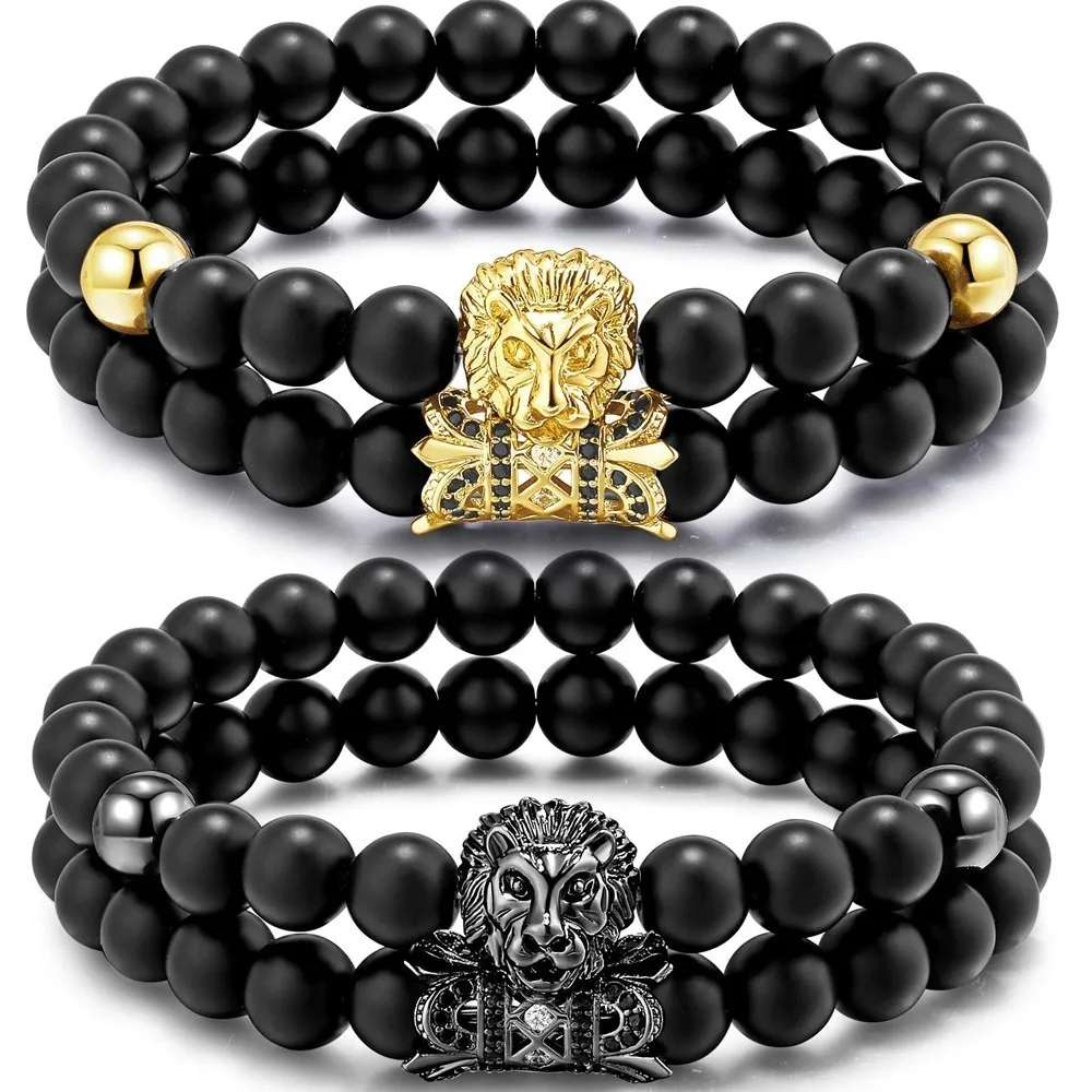 

2019 New 2pcs Charm Beads Bracelet Man Ma'am Black Dumb matte onyx Jewel Pearl Tiger Head Manual Jewellery Suit fot Men Women