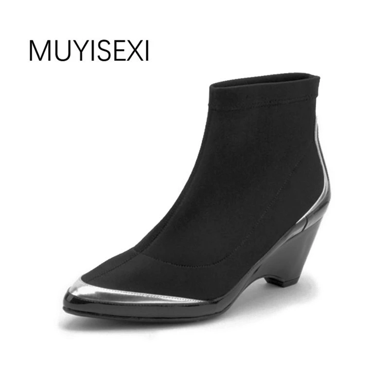 Baratos Las mujeres calcetines Botas tejido elástico del dedo del pie puntiagudo Slip On cuñas Botas de tobillo de las mujeres, negro Stiletto Botas Mujer HL22 MUYISEXI