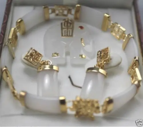 

Title511 Jewelry White jade pendant necklace earring bracelet set+ chain 5.23