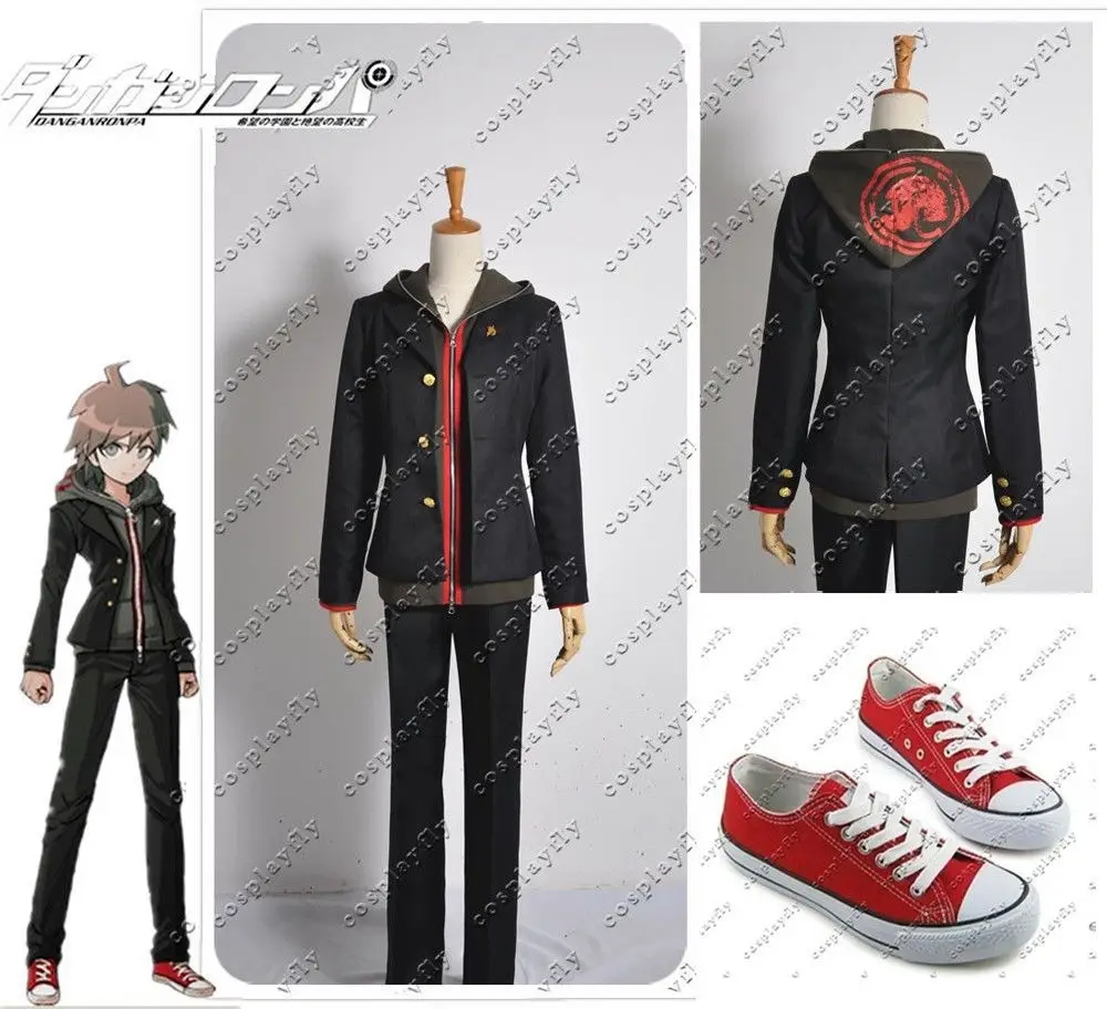 Dangan Ronpa Makoto Naegi Danganronpa; маскарадный костюм; красная обувь для костюмированной вечеринки; ботинки; полный комплект; Черная куртка; брюки; мужские толстовки - Цвет: Costume and Boots