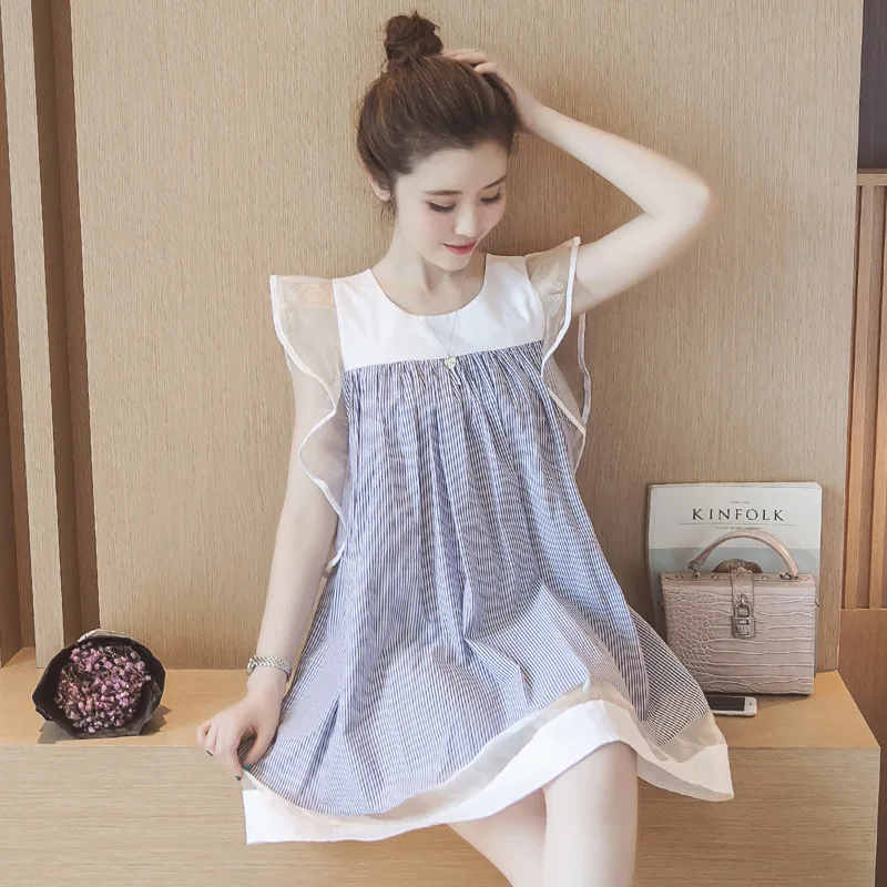 

HI BlOOM 2017 New Arrival Blue Striped Maternity Short Knee-Length lactating Elegant Mesh Dress Clothes For Pregnant Lady Women