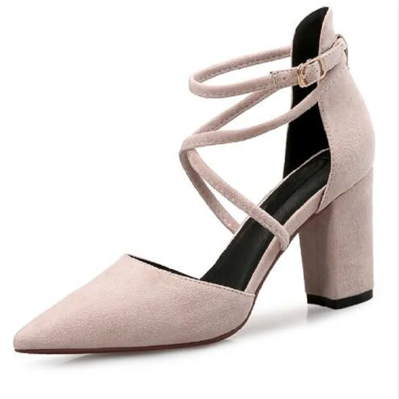 

2018 Spring Nude High Heels Female Tips Thick with Word Buckle Sandals Fashion Joker Shoes Women High Heels