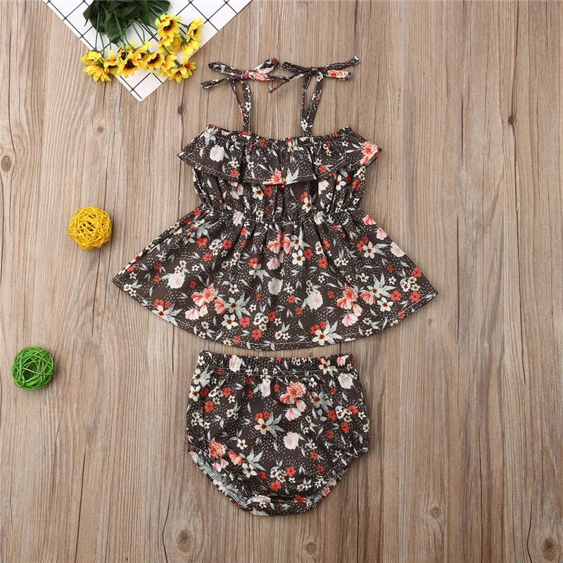 

2019 Summer Sleeveless Floral Party Princess Ruffle Costume Clothing Cotton Cute Outfit 2PCs Toddler Baby Girl Clothes Set