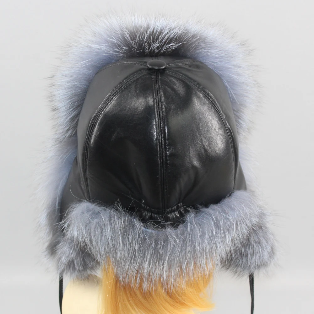 Genuin Fox Fur Hats Lady Real Fox Fur Lei Feng Cap for Russian Women Bomber Hats with Leather Caps Retail wholesale