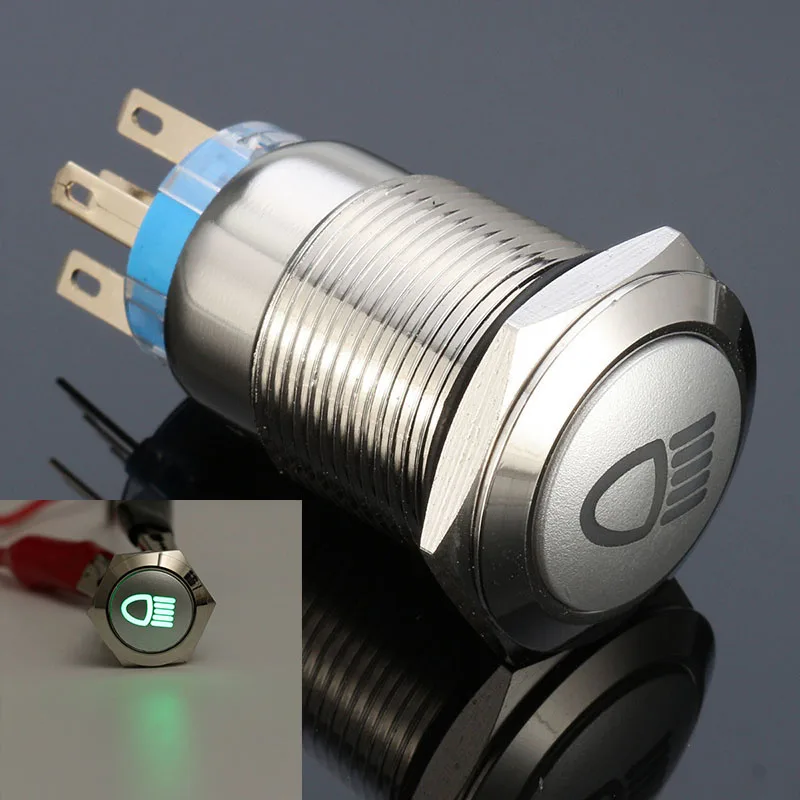 

1pc 12V 19mm 5 Pin Green LED Metal Push Button Latching Switch For Car Fog Light Reset Switch Easy to Install
