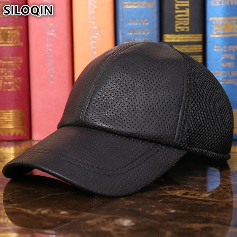 

SILOQIN New Spring Summer Mesh Ventilation Baseball Caps Men's Genuine Leather Hat Adjustable Size Sheepskin Leather Brand Cap
