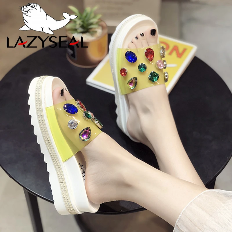 LazySeal/Новинка модные шлепанцы на платформе женская летняя обувь с кристаллами