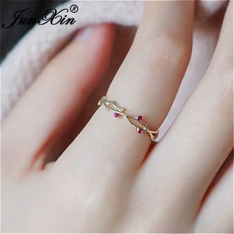 

JUNXIN Dainty Rose Red Zircon Eternity Rings For Women 925 Silver Yellow Gold Small Crystal Stackable Wedding Thin Ring Female