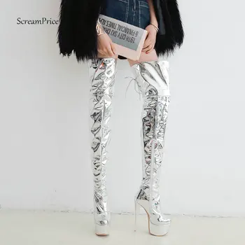 

Women's Shining Silver Thigh Boots Super Sexy Thin High Heel Platform Boots Zipper Lace Up Winter Warm Female Shoes Plus Size 43