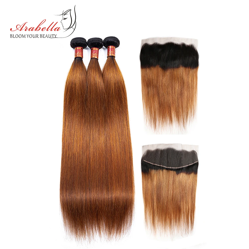 

Arabella Peruvian Straight Human Hair Bundles With Frontal Closure 1b/30 Ombre Remy Hair Pre Plucked Frontal With 3 Bundles Hair