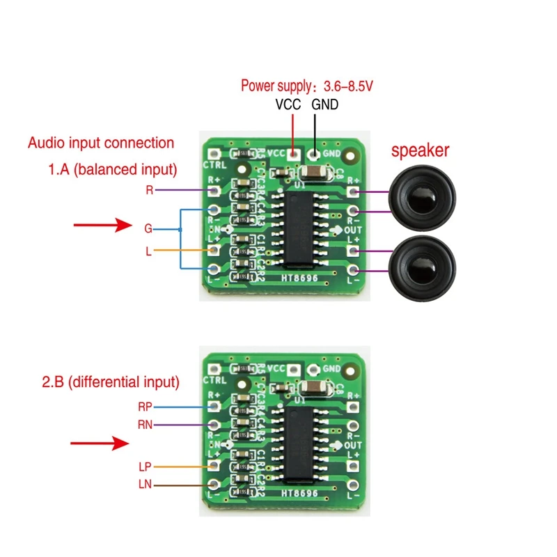 Differential Amplifier Board 2x10W Digital Class D Audio Power Amplifier HT8696 Differential Input 3.6~ 8.5V