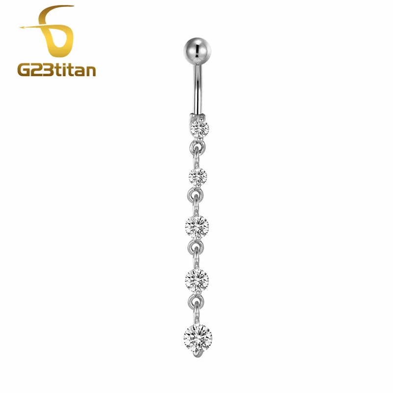 G23titan 14G Ttitanium Piercing Button Navel Ring Long Pendant Crystal Belly Rings Ombligo Jewelry |