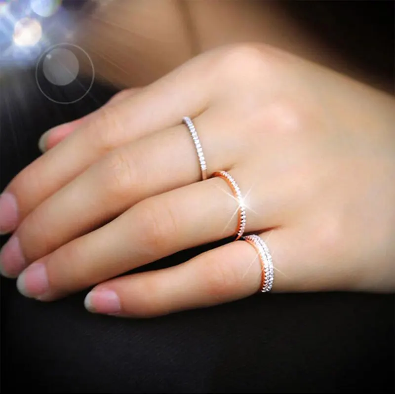 Anenjery Новые простые модные роскошные сверкающие однорядные 17 шт. циркониевые кольца для женщин Два цвета обручальные кольца anel S-R82