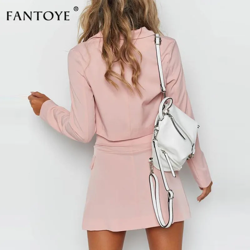 Женский костюм из двух предметов Fantoye, повседневный уличный розовый костюм с облегающей мини-юбкой и жакетом с V-образным вырезом и длинными рукавами в официальном стиле на лето