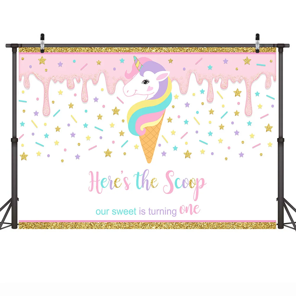 Neoback Sweet Baby One Birthday Party Photo Background Scoop Newborn Unicorn Backdrop Stars Golden Border Photo Studio