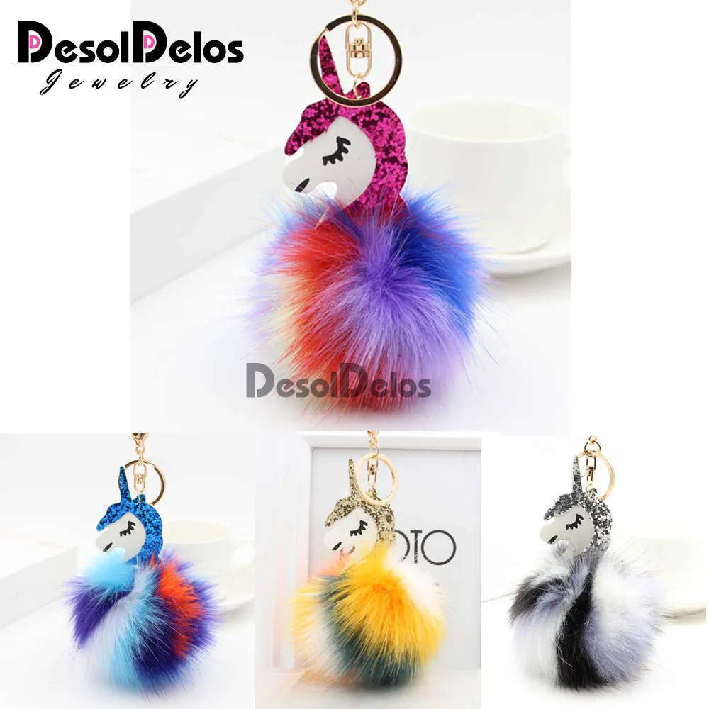 

Pompom Unicorn Keychain Colorful Poms Fake Rabbit fur ball Fluffy Key Chain Horse porte clef Wome Bag Car Keyring llavero mujer