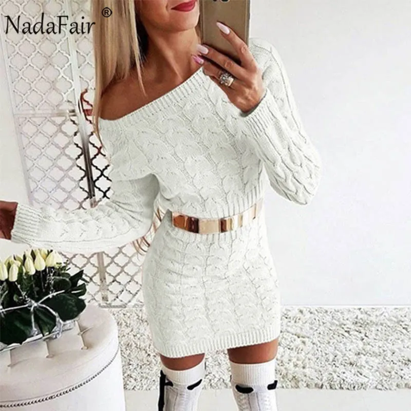 Nadafair Knitted Warm Women Sweater Dress White Pink Black Vestidos Christmas Bodycon Mini Long Sleeve Autumn Winter Dress Woman