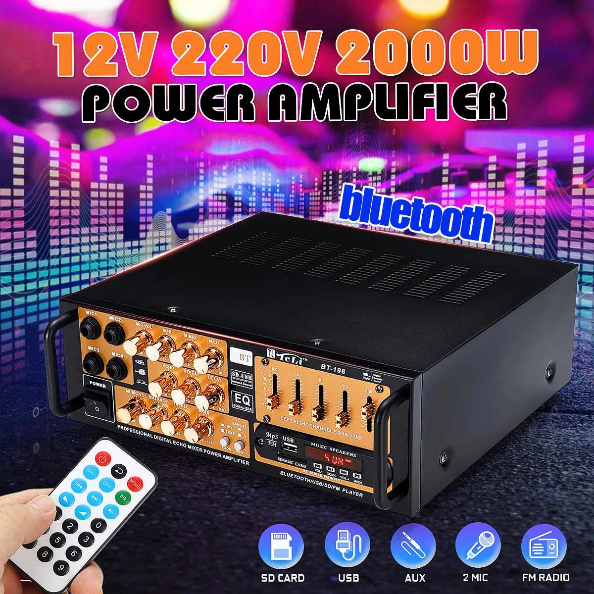 

Audew 2000W Professional Power Amplifier bluetooth Stereo HIFI Audio USB SD Mic FM AC220V-240V Car Home Digital LED Display