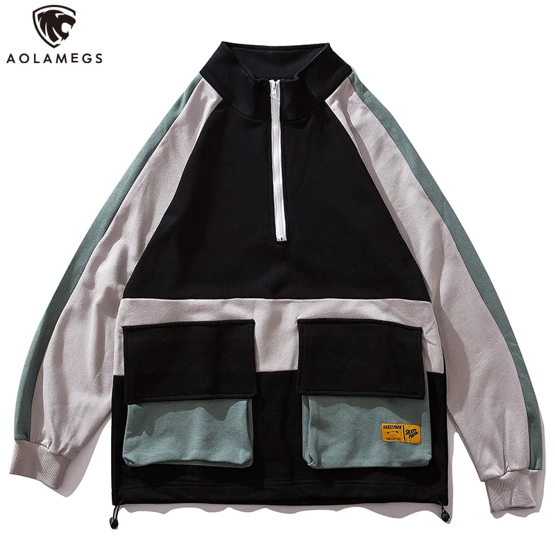 

Aolamegs Sweatshirt Men Funny Big Pockets Pullover Cargo Style Harajuku Half Zipper Patchwork High Street Men Couple Sweatshirt