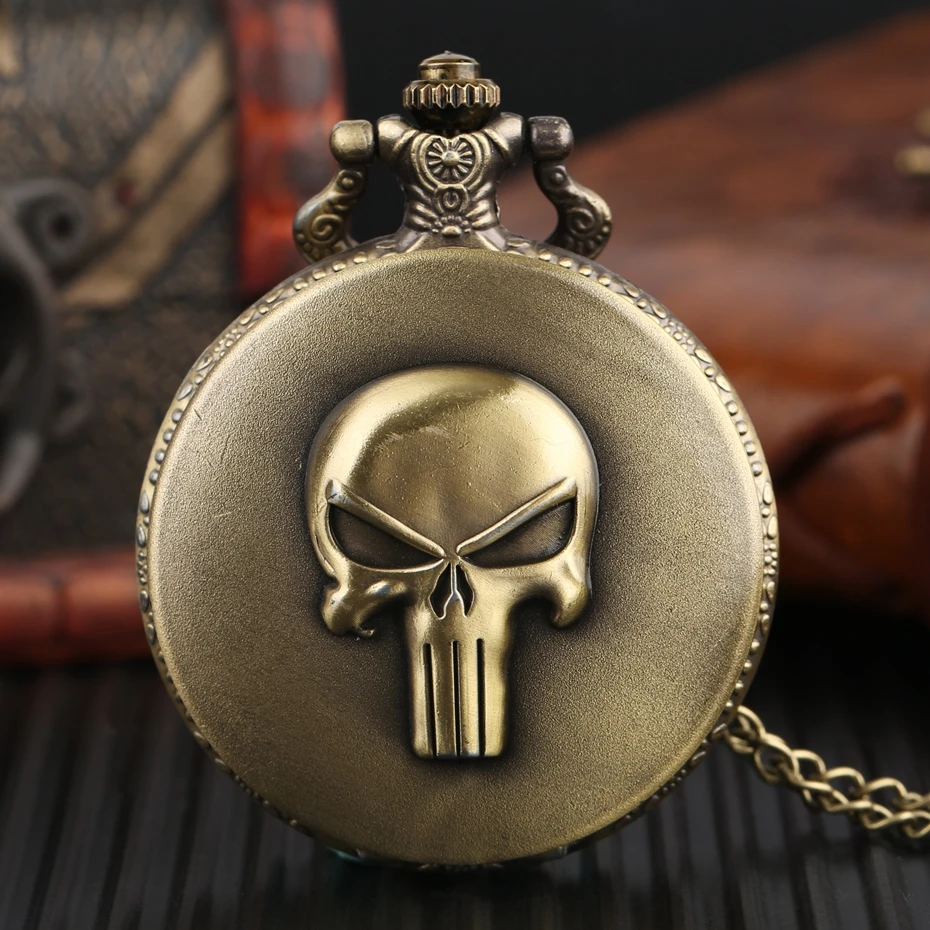 Vintage Bronze White Skull Dial Analog Pocket Watch Luxury Fashion Necklace Antique Style Fob Quartz Orange Roman Numerals Watch 2017 (7)