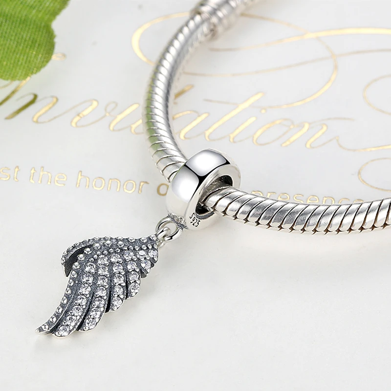 925 пробы серебряные прозрачные CZ перья Крыло ангела подходит Pandora 925 оригинальные бусины браслеты DIY Изготовление ювелирных изделий
