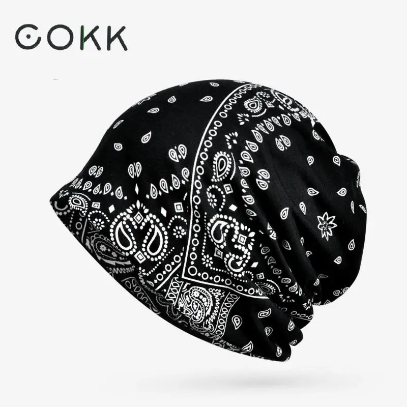 

COKK Winter Hats For Women Men Turban Hat Female Beanie Flower Pattern Hip Hop Bone Male Gorro Feminino Ponytail Hat New