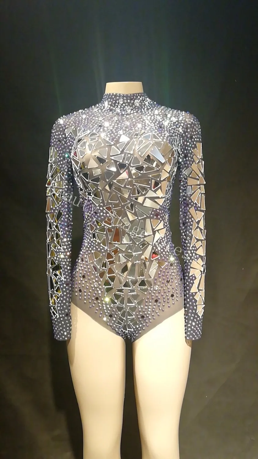 

2019 Sexy Transparent Net Costume Stage Dance Wear Mirrors Stones Mesh Bodysuit Leotard Dance Performance Costume