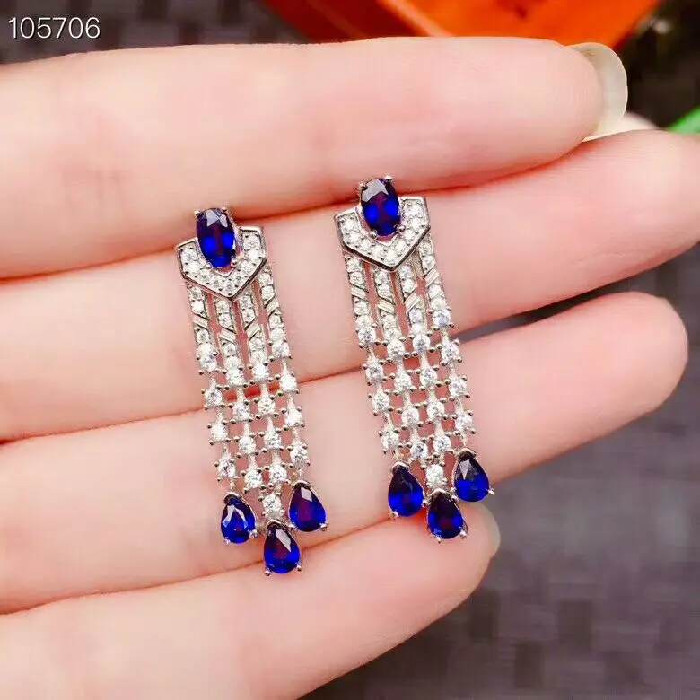 

[MeiBaPJ]Luxury Sri Lanka Sapphire Gemstone Drop Earrings Real 925 Silver Fashion Earrings Fine Charm Jewelry for Women