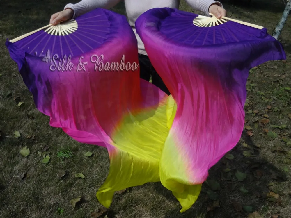 

1 pair 1.1m*0.9m(59"*35") purple-pink-yellow hand painted belly dance silk fan veil for children play, real flowy silk
