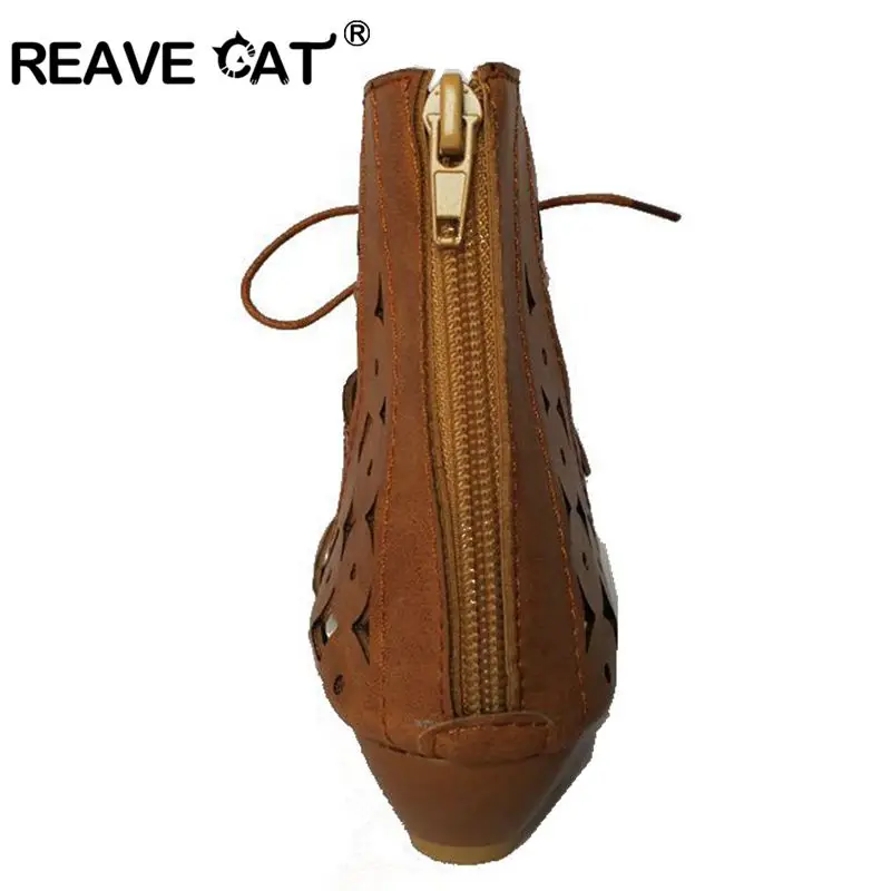 REAVE CAT Big Size 34-43 Cut out Gladiator Hollow Lace Up Zipper Women Sandals Open Toe Low Wedges Bohemian Beach Shoes